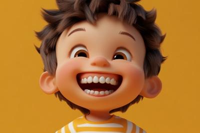 AI绘画	一个3D小男孩，小男孩，短裤，T恤，开心大笑