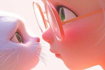 AI绘画	一个白发绿眼睛的小女孩和一只粉色的猫咪对视，特写