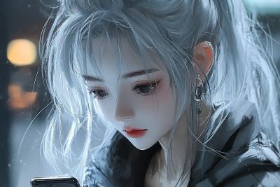 AI绘画	一个动漫女孩看着她的手机