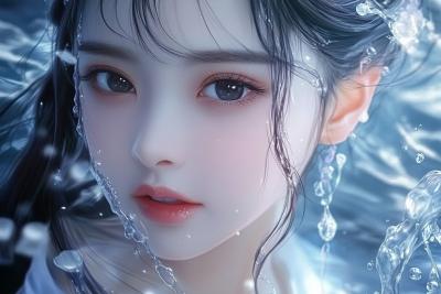 AI绘画	中国美少女，壁纸，超现实水的风格