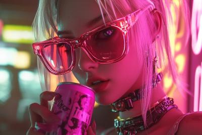 AI绘画	一个穿着时尚服装的女孩拿着一罐粉红色的苏打水