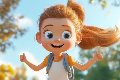 AI绘画	卡通女孩，张开手臂奔跑，公园