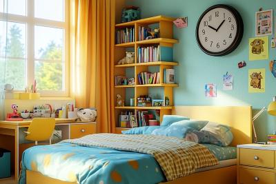 AI绘画	卡通风格的卧室设计，正面图