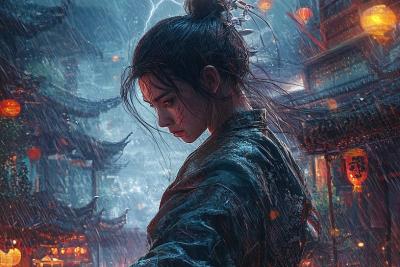 AI绘画	 一个中国古代年轻剑客在玩剑