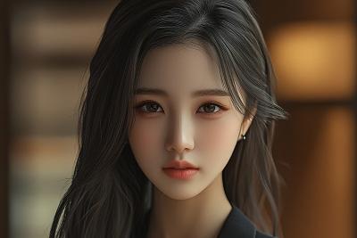 AI绘画	一个美丽的亚洲美女穿着黑色西装，长发，生动的画面